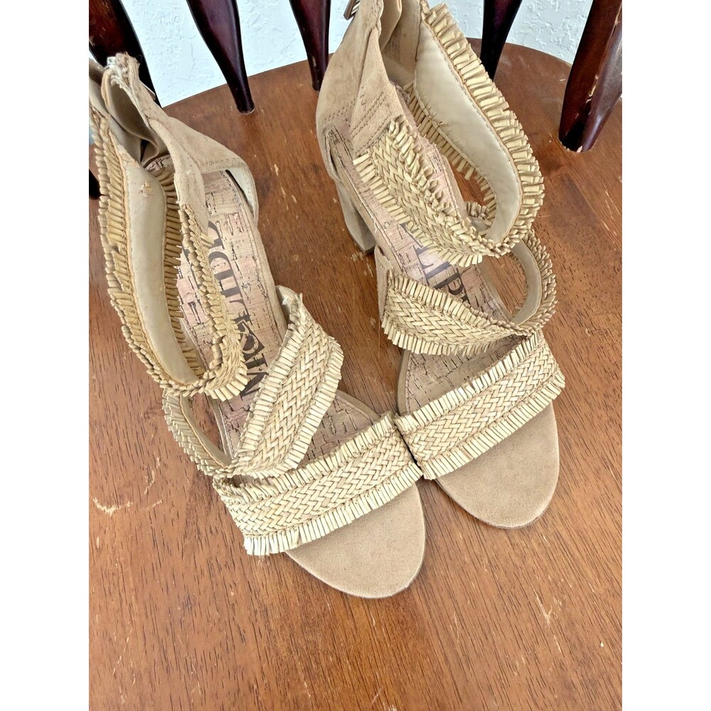 Sam & Libby Woven Raffia Block Heel Sandals Women's Sz 6 Tan Boho Ankle Strap